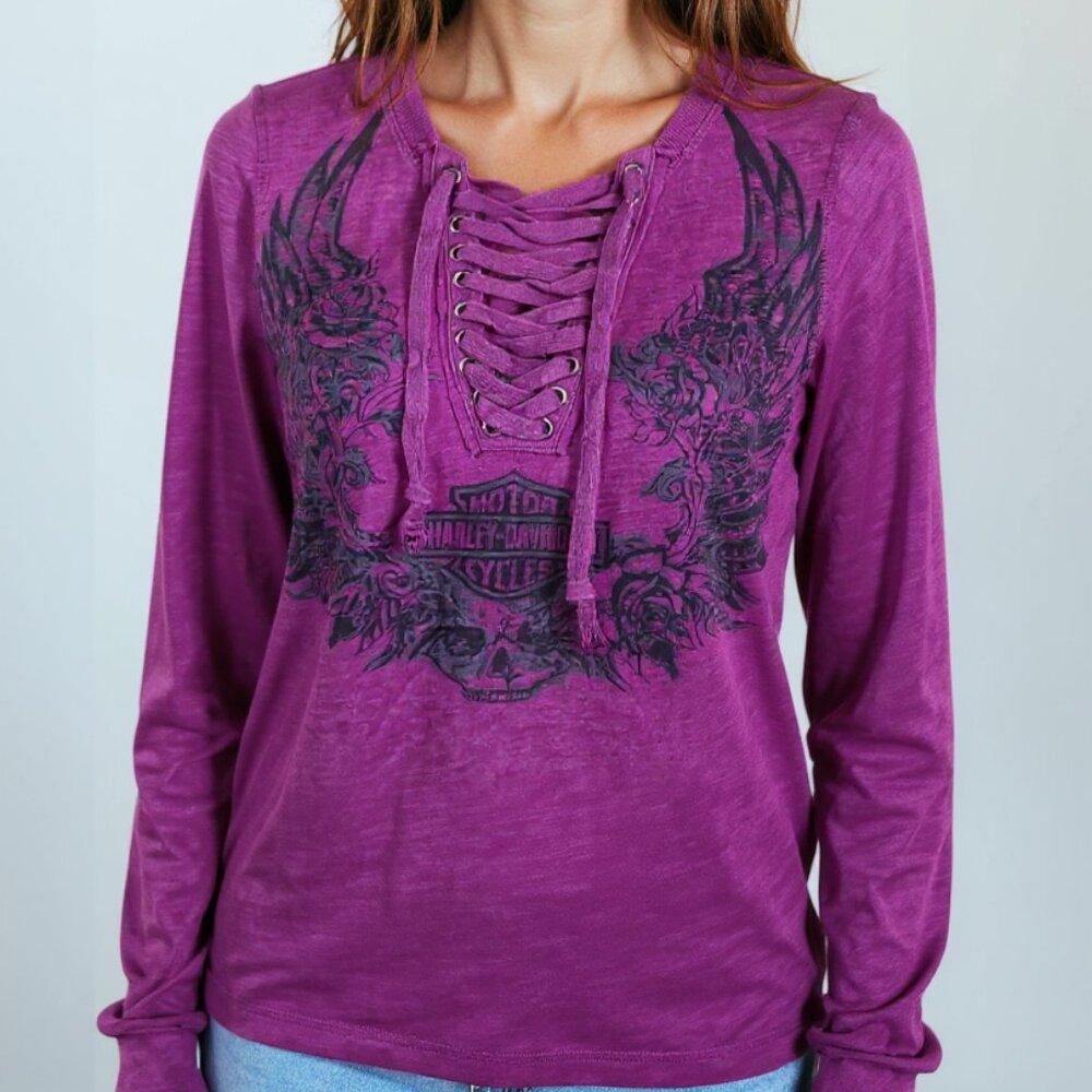 Harley-Davidson Purple Lace-Up Skull & Roses Graphic Tee-Medium